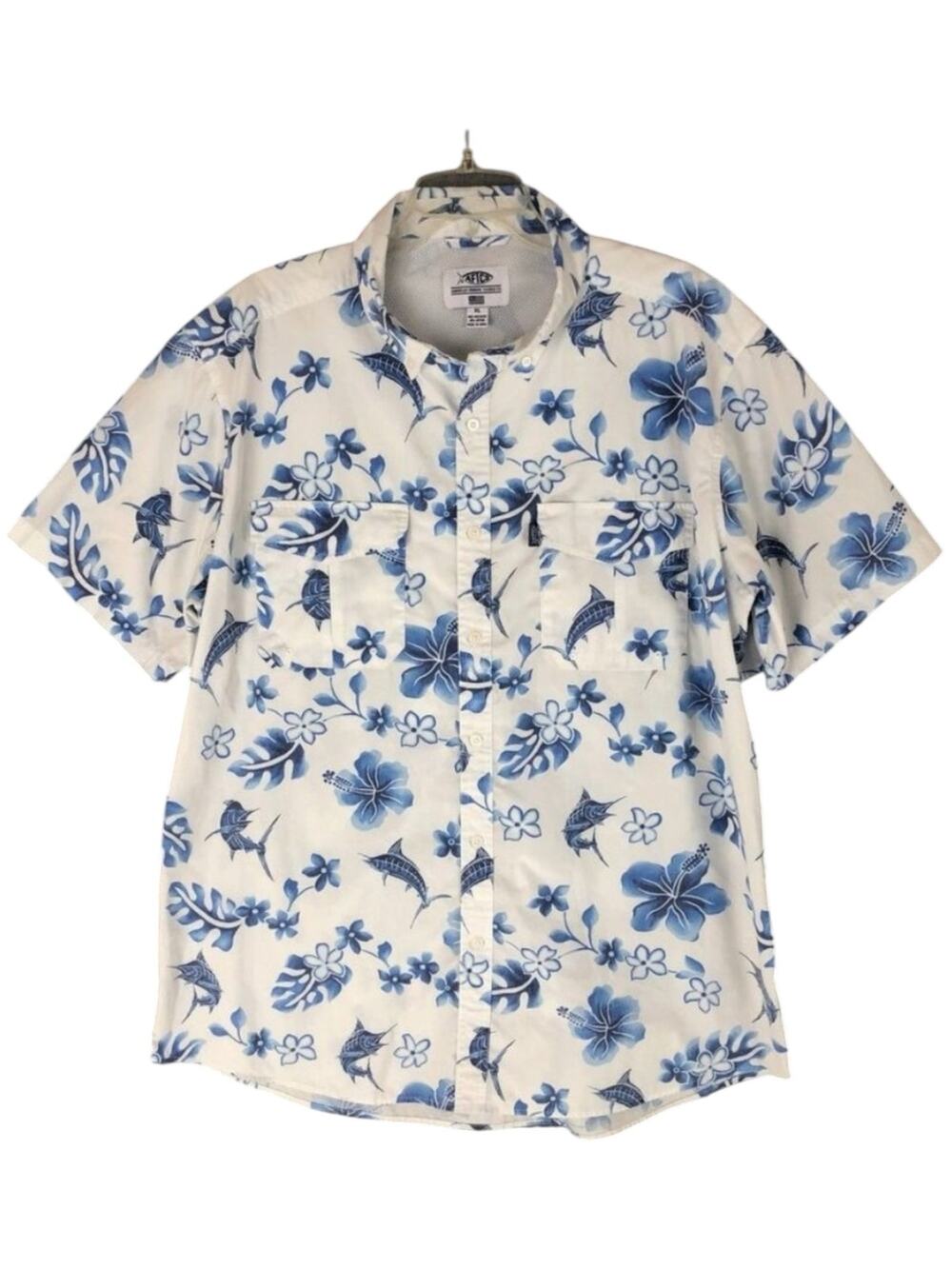 Aftco Shirt/Button-Men L-Cotton bl-White/Blue Floral /Fish-Sh sleeve-1198